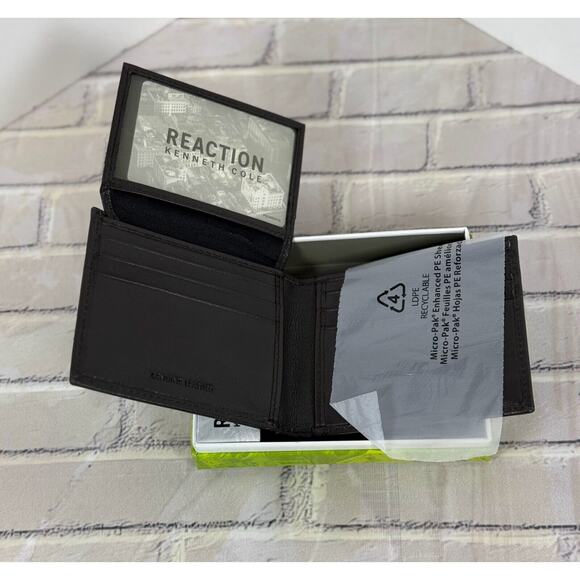 NEW MEN'S REACTION KENNETH COLE HAND CRAFTED LEATHER BROWN BI FOLD WALLET - Picture 4 of 4